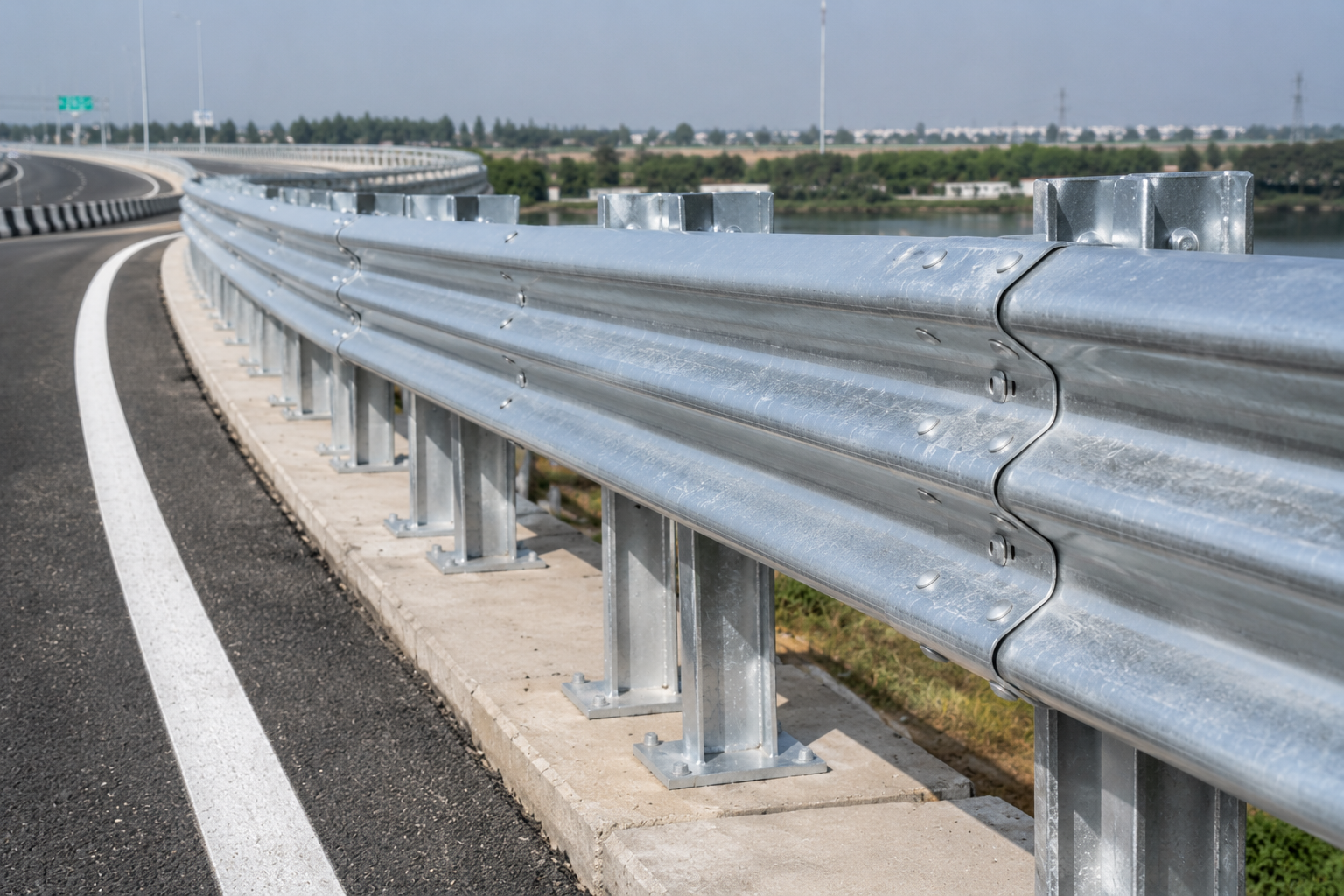 Hot-dip galvanised thrie beam crash barrier installed on Indian expressway as per MORTH and IRC standards